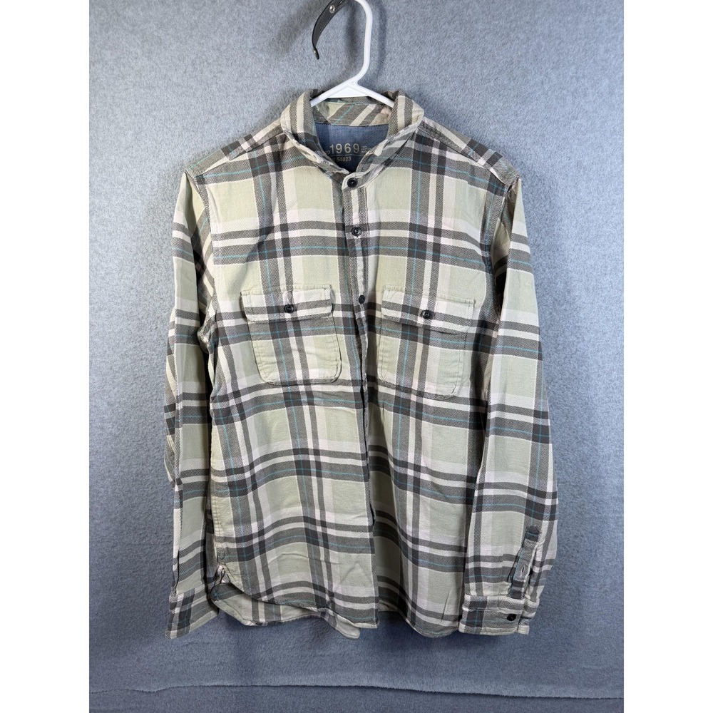 Gap 1969 Shirt Mens Large Beige Plaid Flannel Button Up Long‎ Sleeve Pockets